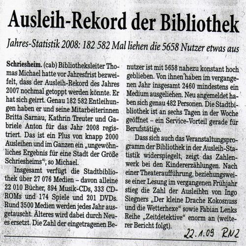Ausleihrekord 2008 RNZ vom 21.01.09